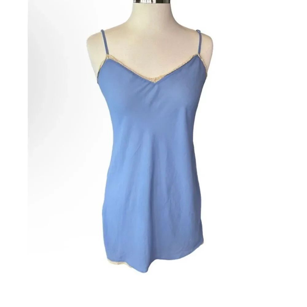 Cacique Paris Blue Sheer Lace Chemise Adjustable Straps Nightgown Lingerie Small